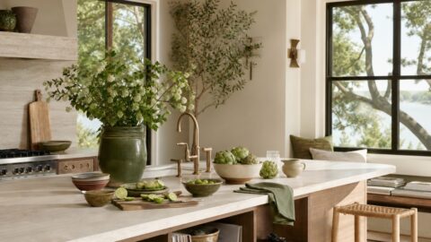 Kitchen island with simple food prep, pottery bowls, flowers, music or records hinted nearby, bright windows, and no people.