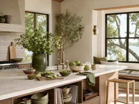 Kitchen island with simple food prep, pottery bowls, flowers, music or records hinted nearby, bright windows, and no people.