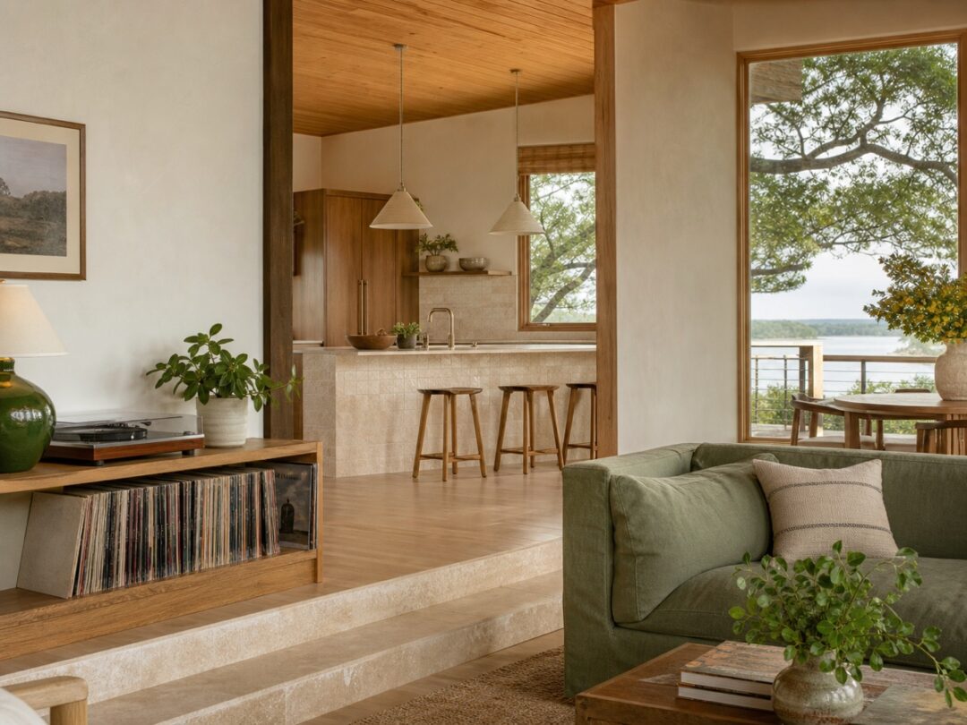 Lakehouse living room and kitchen with plants, records, books, open windows, warm natural light, and clean organic materials.