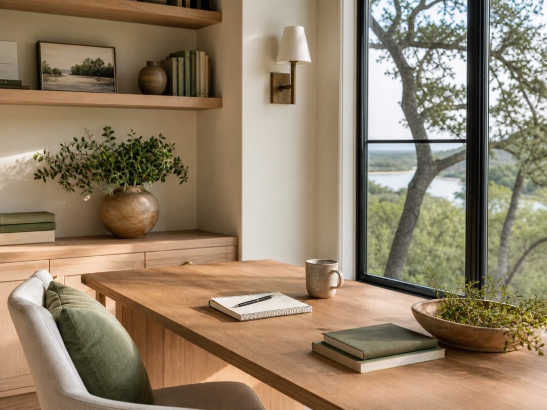 Calm home office with notebook, books, soft light, clean work surface, and trees outside.