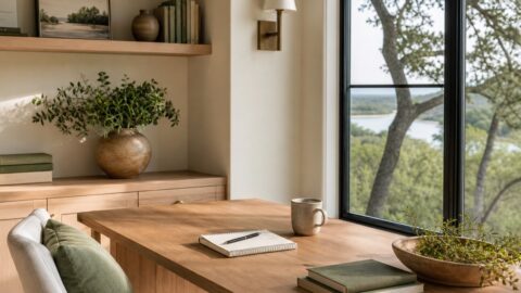 Calm home office with notebook, books, soft light, clean work surface, and trees outside.