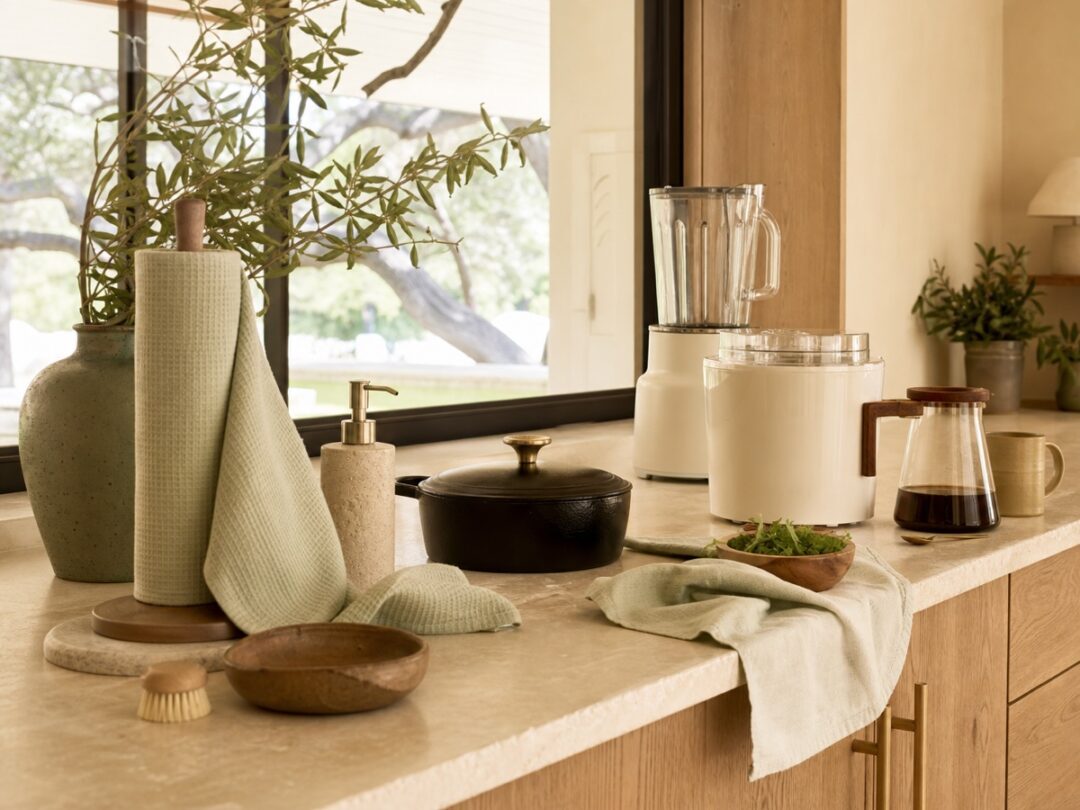 Clean kitchen counter with reusable towels on holder, cast iron, blender hint, ice cream maker hint, coffee pot, and unlabeled cleanser bottle.