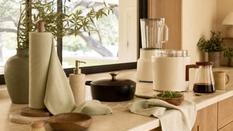 Clean kitchen counter with reusable towels on holder, cast iron, blender hint, ice cream maker hint, coffee pot, and unlabeled cleanser bottle.