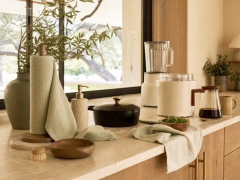 Clean kitchen counter with reusable towels on holder, cast iron, blender hint, ice cream maker hint, coffee pot, and unlabeled cleanser bottle.