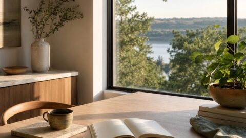 Open book with no readable text, pencil, coffee, clean table, plant, and morning light.