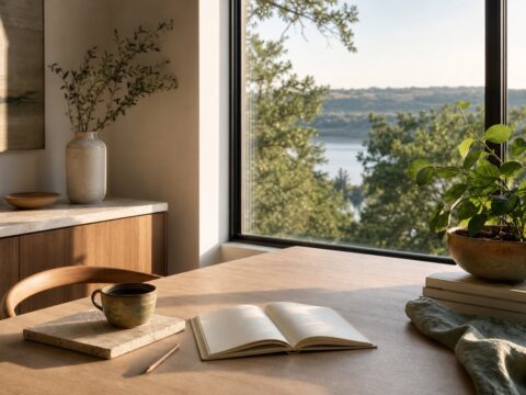 Open book with no readable text, pencil, coffee, clean table, plant, and morning light.