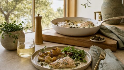 Fish dinner in a clean skillet setting with creamy sauce, smashed baby potatoes, pottery plate, linen, and natural kitchen light.