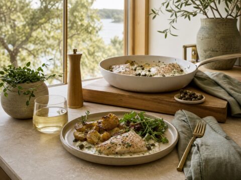 Fish dinner in a clean skillet setting with creamy sauce, smashed baby potatoes, pottery plate, linen, and natural kitchen light.