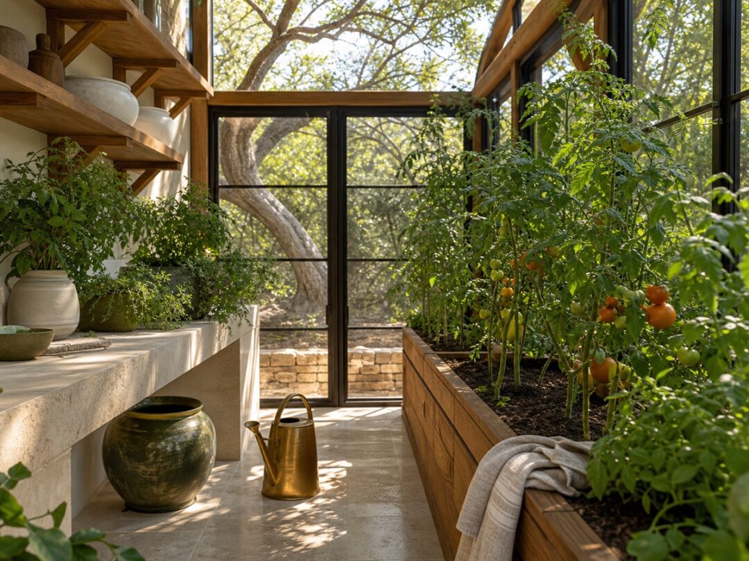Garden enclosure with tomatoes, watering can, gentle tomato inspection, Texas Hill Country light, and no graphic pest detail.