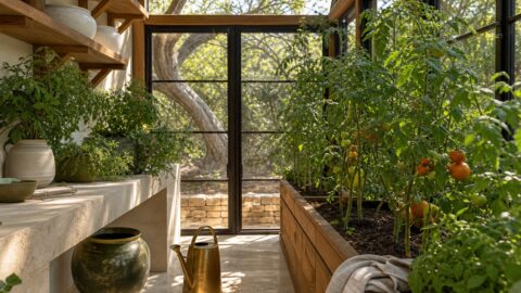 Garden enclosure with tomatoes, watering can, gentle tomato inspection, Texas Hill Country light, and no graphic pest detail.