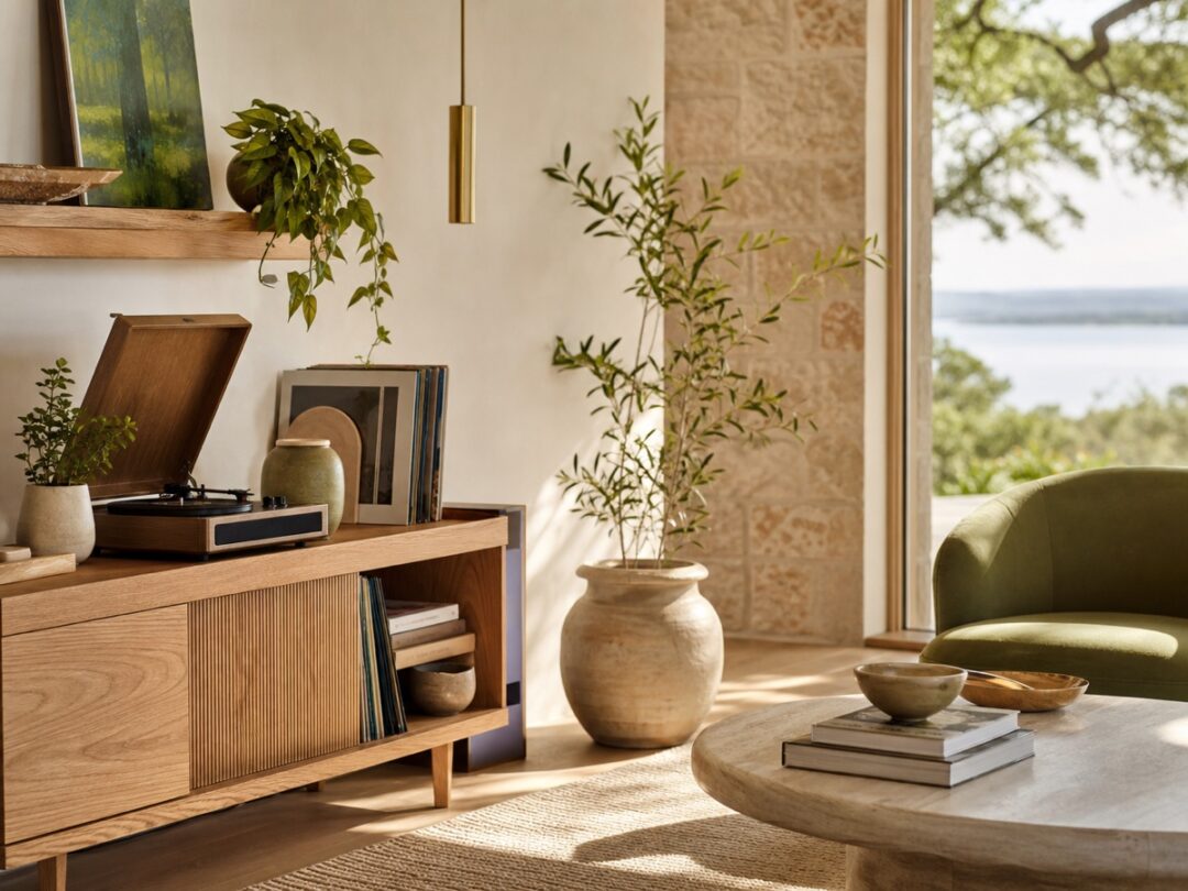 Record console, stacked records, plants, windows, natural postmodern furniture, and warm summer light.