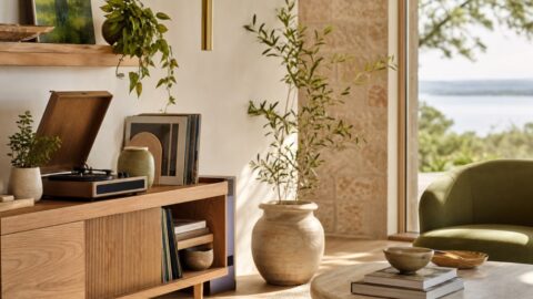 Record console, stacked records, plants, windows, natural postmodern furniture, and warm summer light.