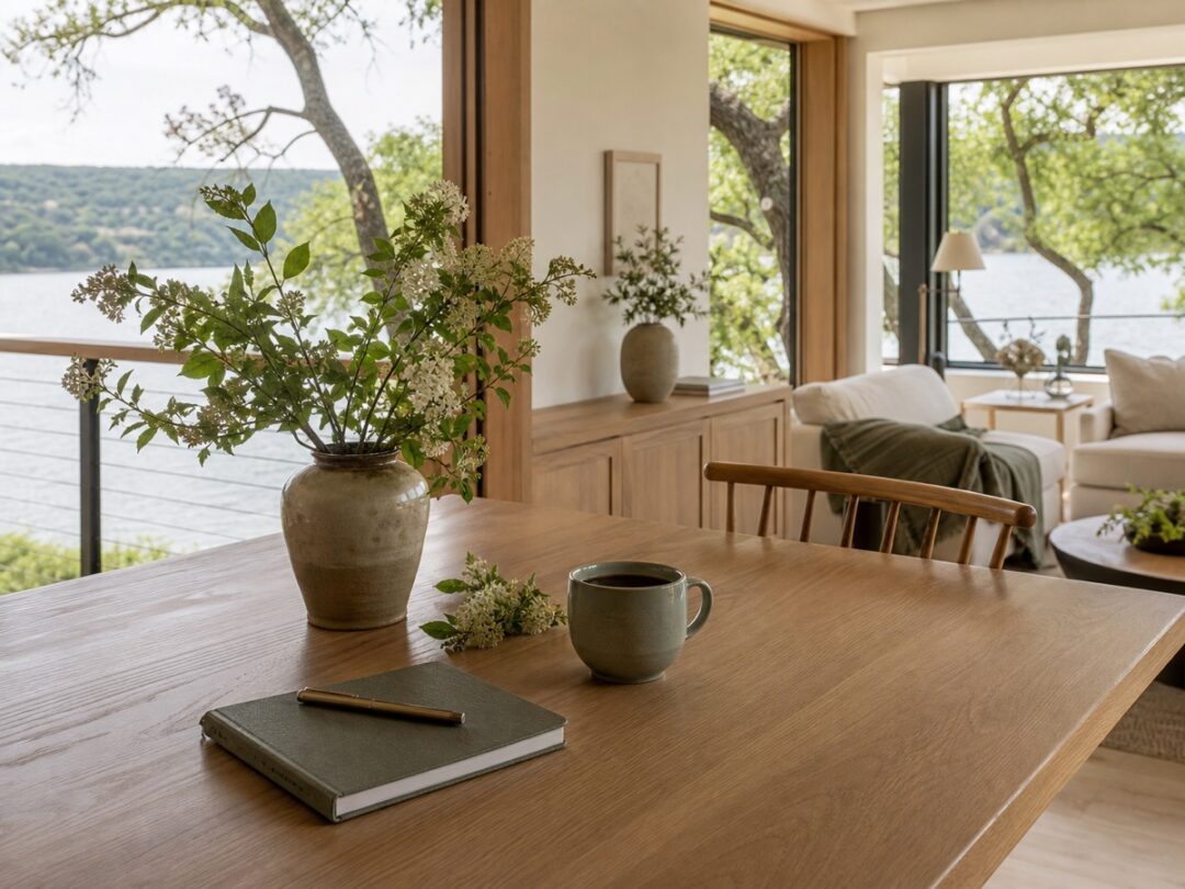 Simple table with coffee, notebook, flowers, clean but lived-in room, and soft natural light.