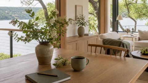 Simple table with coffee, notebook, flowers, clean but lived-in room, and soft natural light.