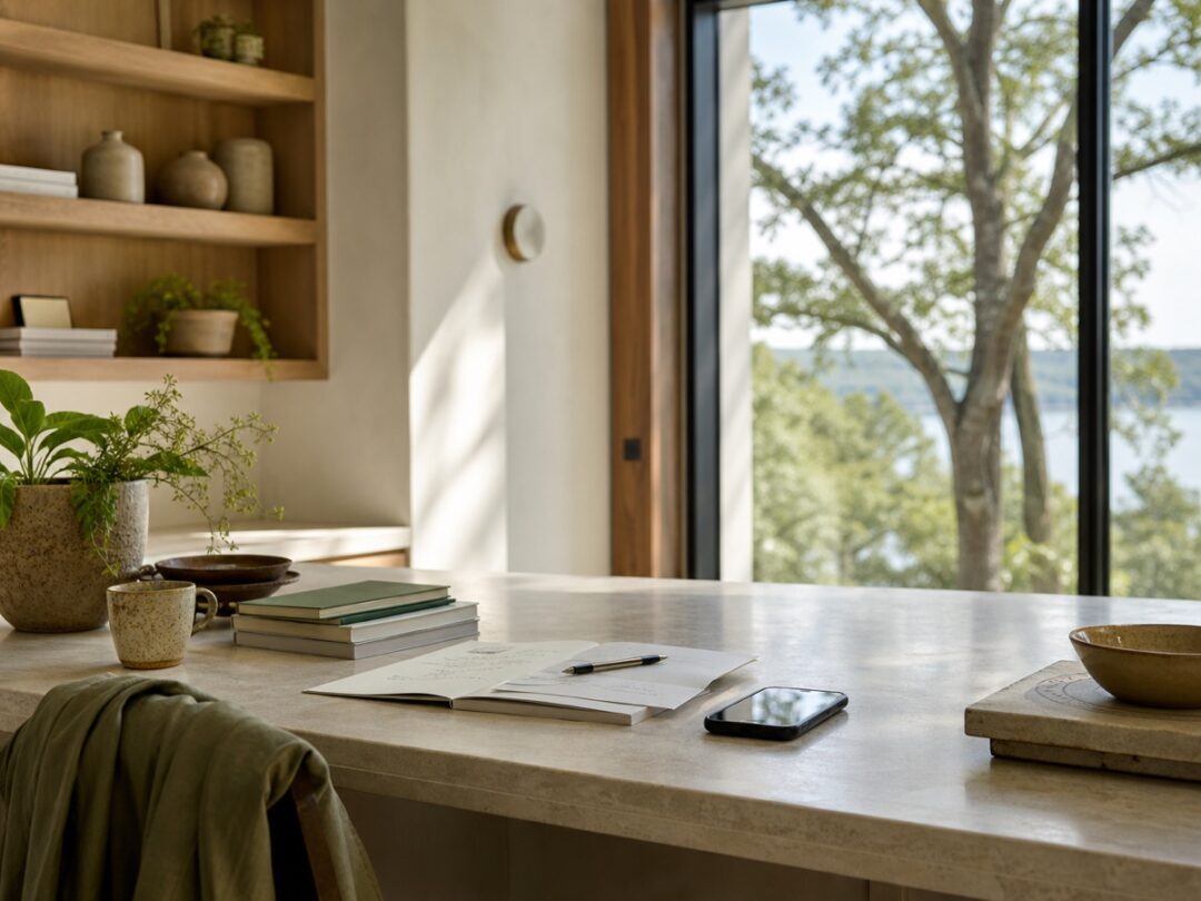 Home office or kitchen counter with notes, phone facedown, book stack, trees outside, and calm workday light.