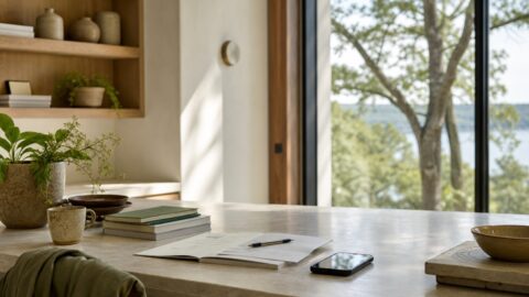 Home office or kitchen counter with notes, phone facedown, book stack, trees outside, and calm workday light.