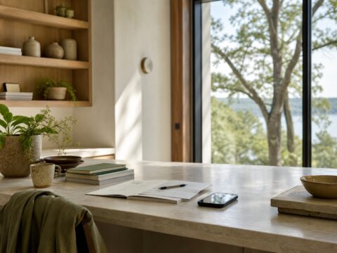 Home office or kitchen counter with notes, phone facedown, book stack, trees outside, and calm workday light.