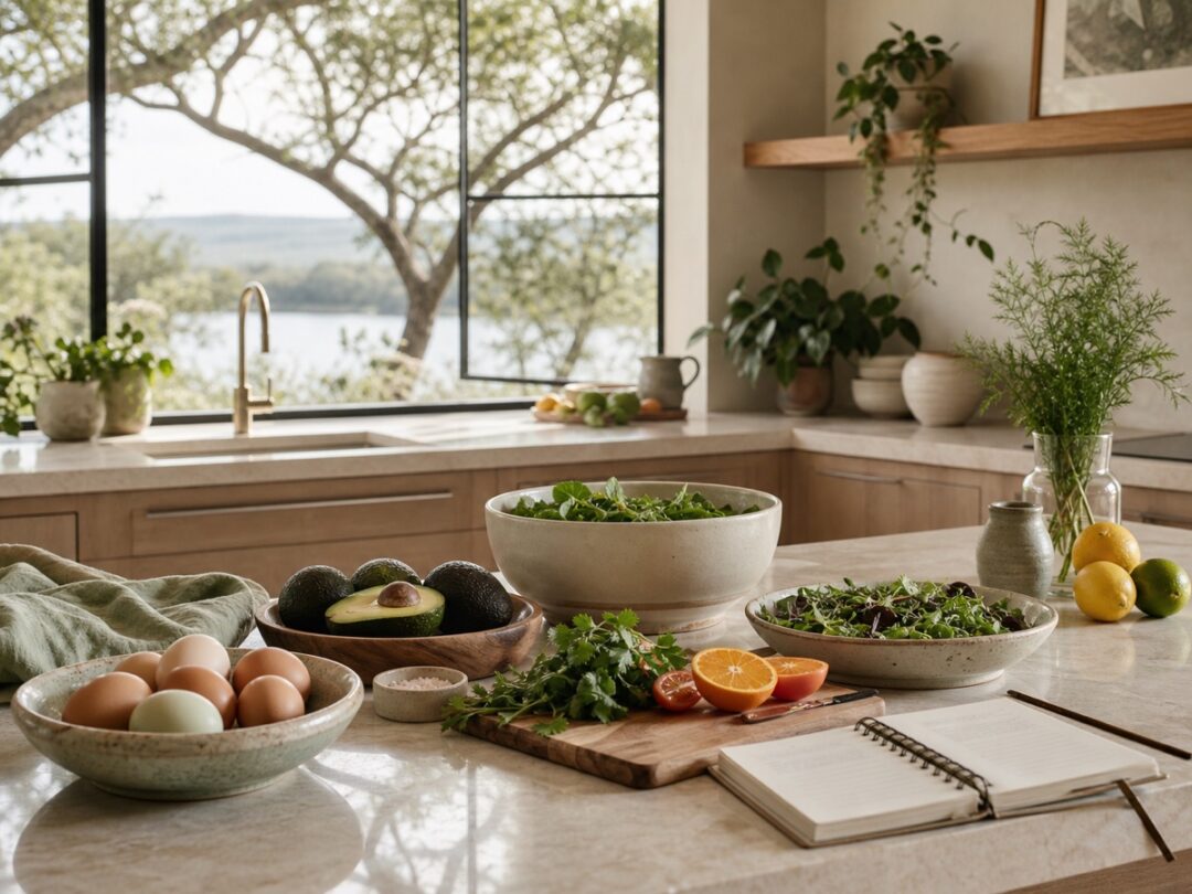 Seasonal kitchen still life with eggs, avocados, tomatoes, herbs, citrus, pottery bowls, salad ingredients, and meal-planning notebook.