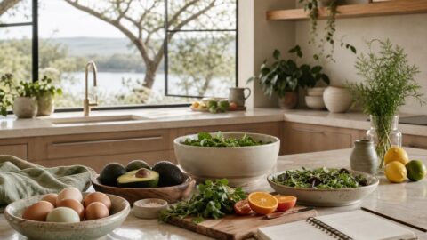 Seasonal kitchen still life with eggs, avocados, tomatoes, herbs, citrus, pottery bowls, salad ingredients, and meal-planning notebook.