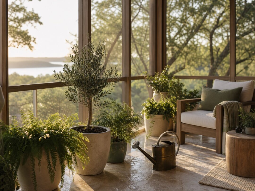 Early morning screen porch watering detail, full porch plants, watering can, oak trees, and warm Texas light.