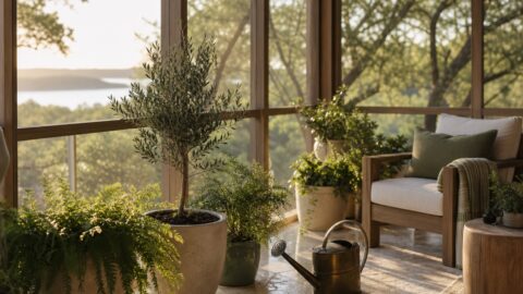 Early morning screen porch watering detail, full porch plants, watering can, oak trees, and warm Texas light.