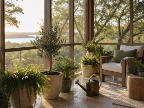 Early morning screen porch watering detail, full porch plants, watering can, oak trees, and warm Texas light.
