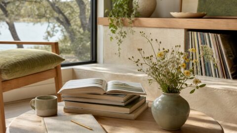 Curated book stack with current read, wildflowers, notebook, coffee, and record shelf hint.