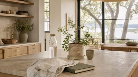 Limestone island with a few real-life objects being reset, linen towel, plant, notebook, water bottle, and natural light.