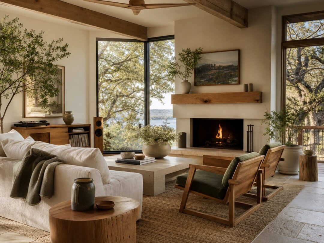 Living room with solid wood furniture, plants, linen, record console, bright windows, and warm organic materials.