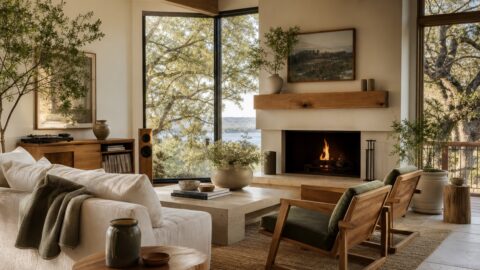 Living room with solid wood furniture, plants, linen, record console, bright windows, and warm organic materials.