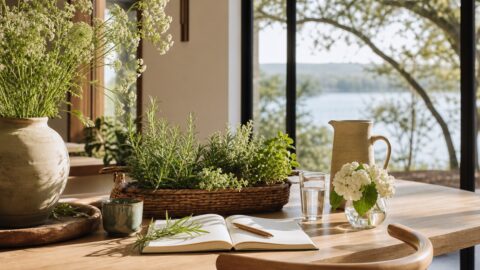 Mid-summer Botanic House table with herbs, notebook, flowers, warm window light, and garden feeling.