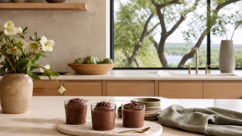 Dark chocolate mousse in simple glass cups or pottery bowls on a clean kitchen counter with linen, flowers, and natural light.