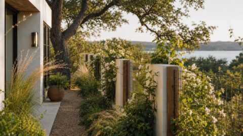 Property fence line with climbing flowers, tendrils, native grasses, tidy garden context, oak trees, and warm light.