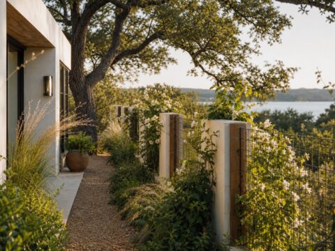 Property fence line with climbing flowers, tendrils, native grasses, tidy garden context, oak trees, and warm light.