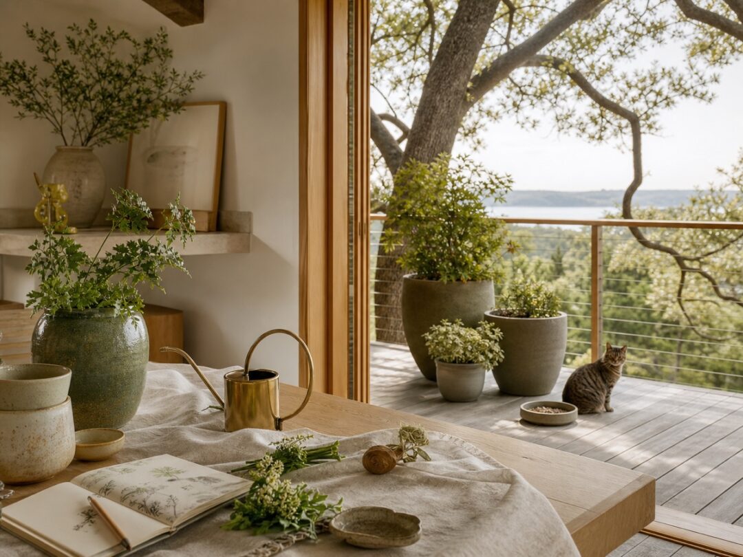 Home and garden prep scene with watering can, porch plants, cat dish, garden notes, warm natural light, and no people.