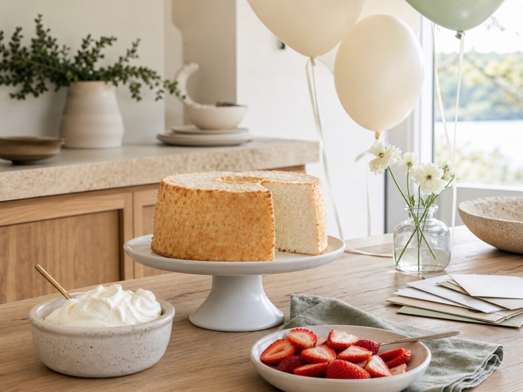 Angel food cake with fresh strawberries, whipped cream, balloons, and birthday letters on a warm kitchen table