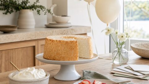 Angel food cake with fresh strawberries, whipped cream, balloons, and birthday letters on a warm kitchen table