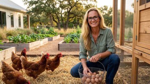 Jennifer in a Botanic Living editorial scene for Chickens, Eggs, and Daily Care.