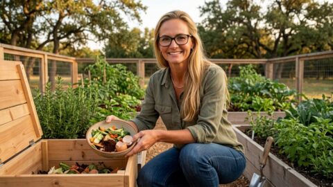 Jennifer in a Botanic Living editorial scene for What the Compost Bin Reminds Me.