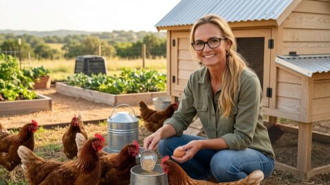 Jennifer in a Botanic Living editorial scene for What My Chickens Are Teaching Me Lately.