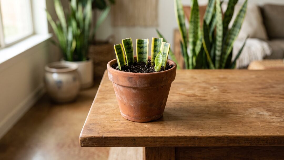 Five snake-plant leaf cuttings in a terracotta pot, with one new leaf emerging and mature snake plants in the softly lit room behind them.