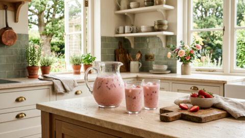 A pitcher and two glasses of creamy strawberry drink with ice and fresh strawberry pieces in a warm, lived-in kitchen.