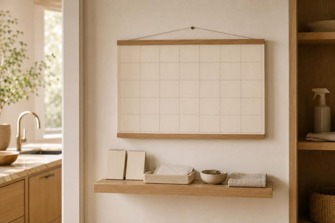 Hazel stands beside a wall calendar in a calm household command center with a paper list, mail tray, key bowl, and a small Botanic cleanser bottle on a nearby shelf.