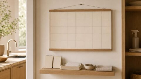 Hazel stands beside a wall calendar in a calm household command center with a paper list, mail tray, key bowl, and a small Botanic cleanser bottle on a nearby shelf.