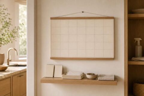 Hazel stands beside a wall calendar in a calm household command center with a paper list, mail tray, key bowl, and a small Botanic cleanser bottle on a nearby shelf.