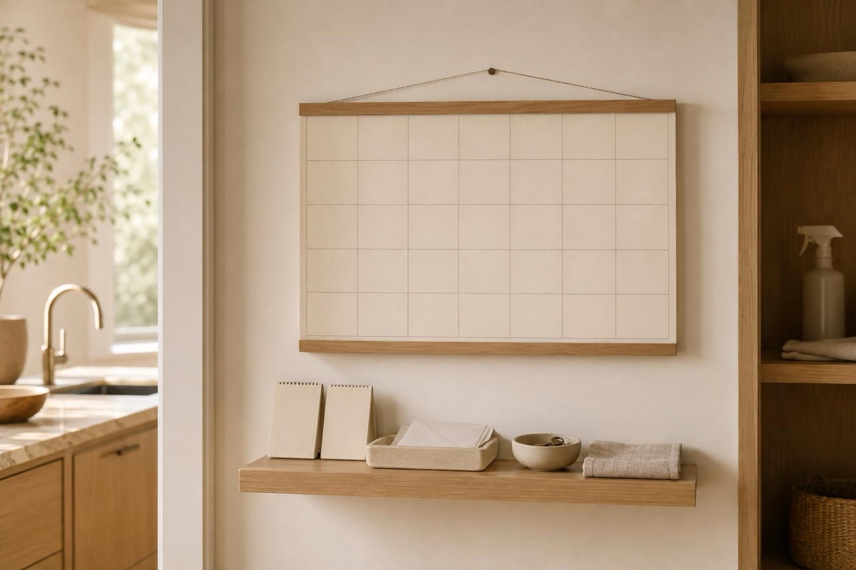 Hazel stands beside a wall calendar in a calm household command center with a paper list, mail tray, key bowl, and a small Botanic cleanser bottle on a nearby shelf.