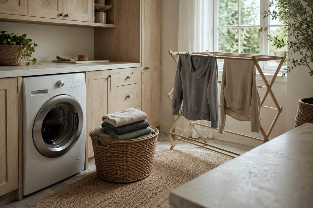 A laundry room with a hamper, folded sweaters, a drying rack, and a small Botanic cleanser bottle on a shelf beside a cloth and brush.