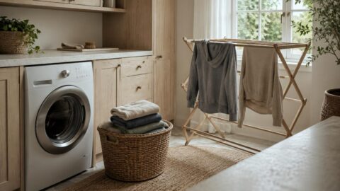 A laundry room with a hamper, folded sweaters, a drying rack, and a small Botanic cleanser bottle on a shelf beside a cloth and brush.