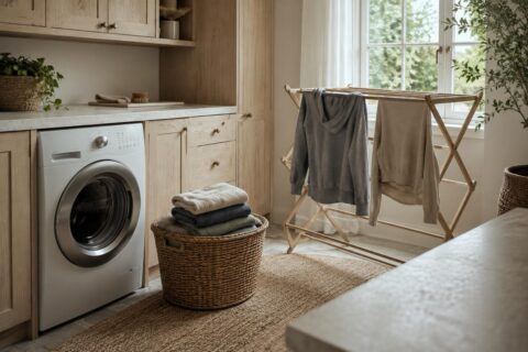 A laundry room with a hamper, folded sweaters, a drying rack, and a small Botanic cleanser bottle on a shelf beside a cloth and brush.