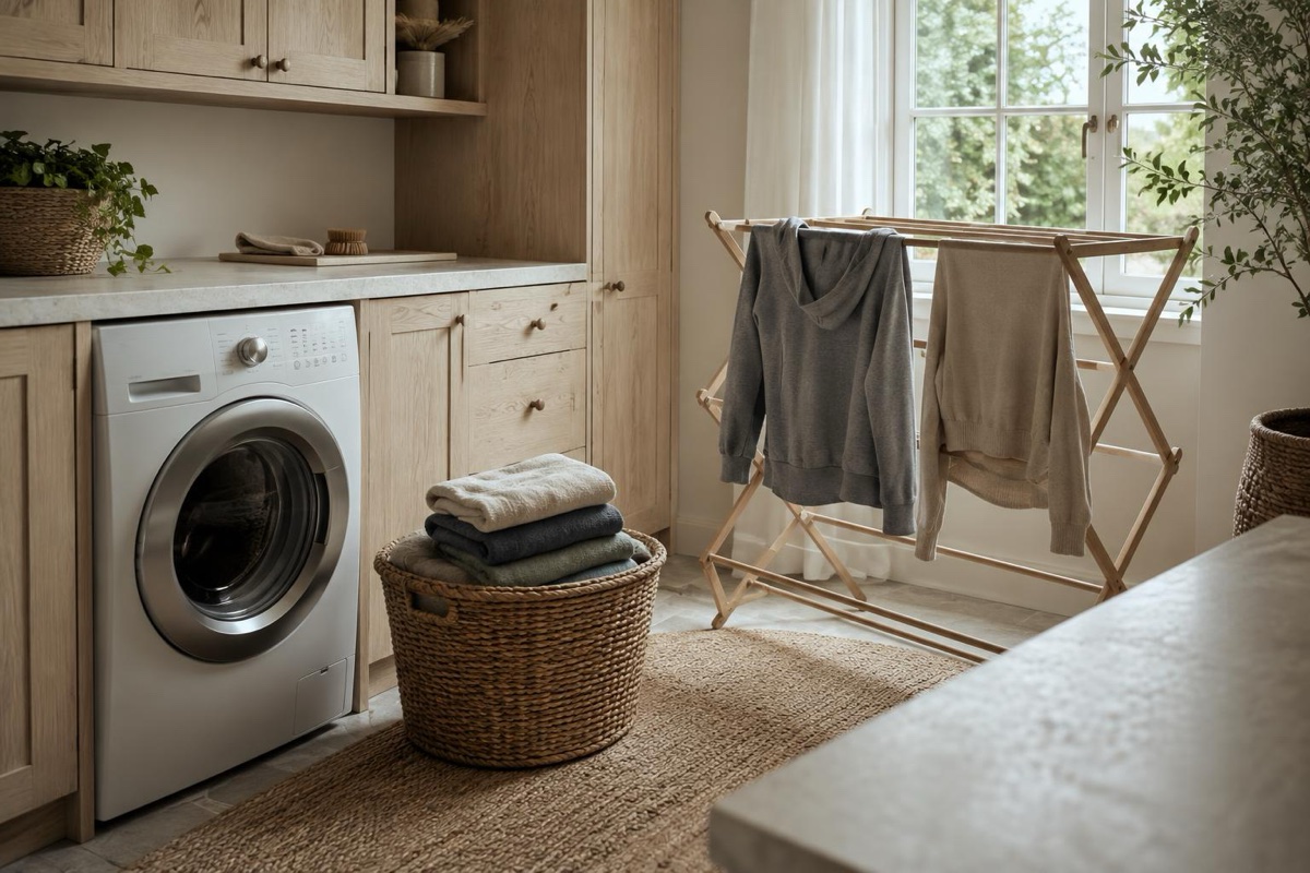 A laundry room with a hamper, folded sweaters, a drying rack, and a small Botanic cleanser bottle on a shelf beside a cloth and brush.